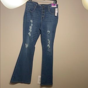 Medium wash/distressed bell bottom flare jeans